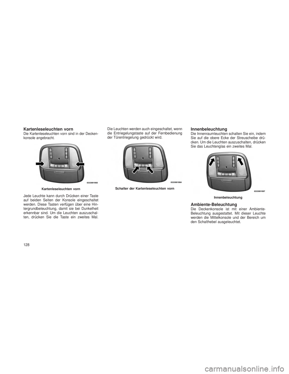 JEEP GRAND CHEROKEE 2014  Betriebsanleitung (in German) Kartenleseleuchten vornDie Kartenleseleuchten vorn sind in der Decken-
konsole angebracht.
Jede Leuchte kann durch Drücken einer Taste
auf beiden Seiten der Konsole eingeschaltet
werden. Diese Tasten
