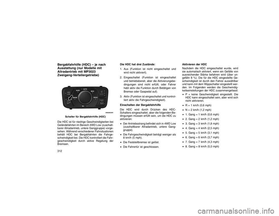 JEEP GRAND CHEROKEE 2016 Betriebsanleitung (in German) Bergabfahrhilfe (HDC) – je nach
Ausstattung (nur Modelle mit
Allradantrieb mit MP3023
Zweigang-Verteilergetriebe)Die HDC ist für niedrige Geschwindigkeiten bei
Geländefahrten im Bereich 4WD Low (z JEEP GRAND CHEROKEE 2016 Betriebsanleitung (in German) Bergabfahrhilfe (HDC) – je nach
Ausstattung (nur Modelle mit
Allradantrieb mit MP3023
Zweigang-Verteilergetriebe)Die HDC ist für niedrige Geschwindigkeiten bei
Geländefahrten im Bereich 4WD Low (z