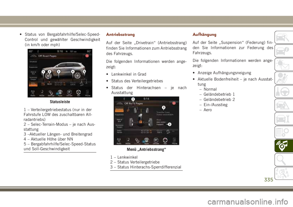 JEEP GRAND CHEROKEE 2017 Betriebsanleitung (in German) • Status von Bergabfahrhilfe/Selec-Speed-
Control und gewählter Geschwindigkeit
(in km/h oder mph)Antriebsstrang
Auf der Seite „Drivetrain“ (Antriebsstrang)
finden Sie Informationen zum Antrieb JEEP GRAND CHEROKEE 2017 Betriebsanleitung (in German) • Status von Bergabfahrhilfe/Selec-Speed-
Control und gewählter Geschwindigkeit
(in km/h oder mph)Antriebsstrang
Auf der Seite „Drivetrain“ (Antriebsstrang)
finden Sie Informationen zum Antrieb