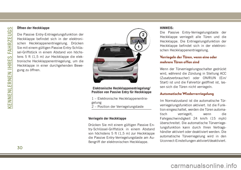 JEEP GRAND CHEROKEE 2018 Betriebsanleitung (in German) Öffnen der Heckklappe
Die Passive Entry-Entriegelungsfunktion der
Heckklappe befindet sich in der elektroni-
schen Heckklappenentriegelung. Drücken
Sie mit einem gültigen Passive Entry-Schlüs-
sel JEEP GRAND CHEROKEE 2018 Betriebsanleitung (in German) Öffnen der Heckklappe
Die Passive Entry-Entriegelungsfunktion der
Heckklappe befindet sich in der elektroni-
schen Heckklappenentriegelung. Drücken
Sie mit einem gültigen Passive Entry-Schlüs-
sel