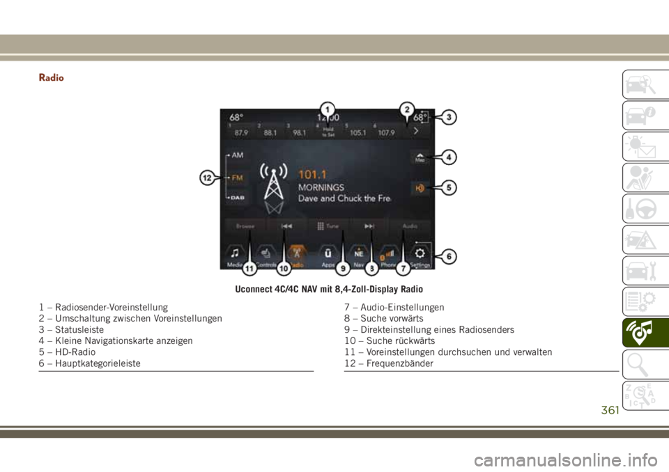 JEEP GRAND CHEROKEE 2018  Betriebsanleitung (in German) Radio
Uconnect 4C/4C NAV mit 8,4-Zoll-Display Radio
1 – Radiosender-Voreinstellung
2 – Umschaltung zwischen Voreinstellungen
3 – Statusleiste
4 – Kleine Navigationskarte anzeigen
5 – HD-Radi