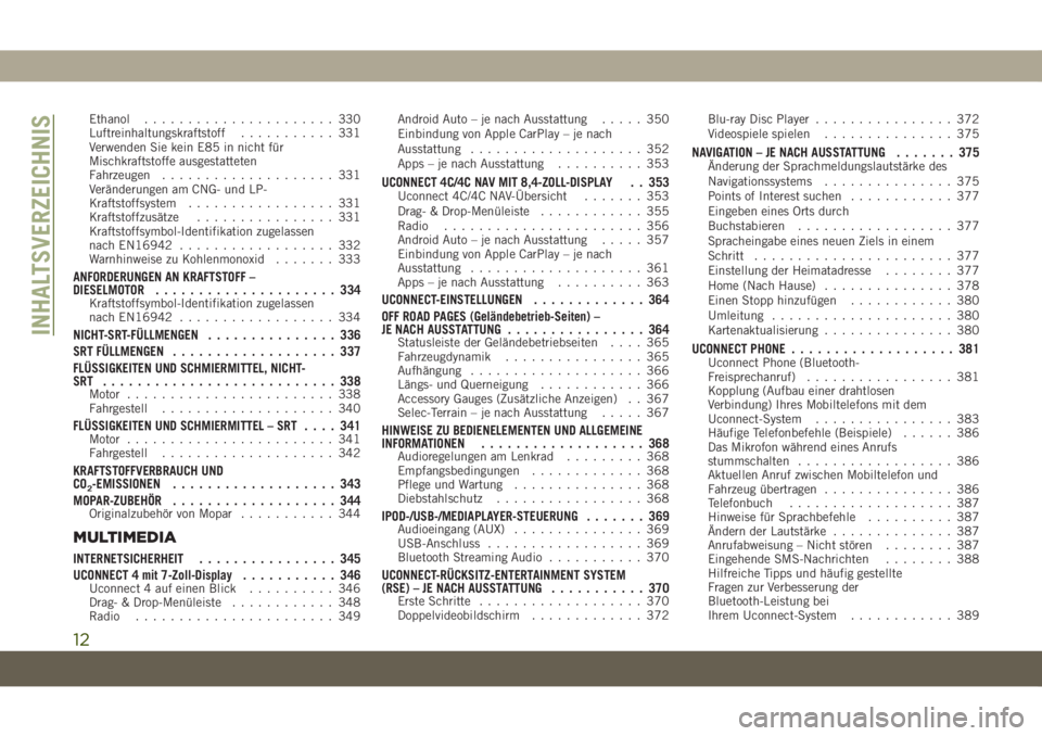 JEEP GRAND CHEROKEE 2019 Betriebsanleitung (in German) Ethanol...................... 330
Luftreinhaltungskraftstoff........... 331
Verwenden Sie kein E85 in nicht für
Mischkraftstoffe ausgestatteten
Fahrzeugen.................... 331
Veränderungen am CN JEEP GRAND CHEROKEE 2019 Betriebsanleitung (in German) Ethanol...................... 330
Luftreinhaltungskraftstoff........... 331
Verwenden Sie kein E85 in nicht für
Mischkraftstoffe ausgestatteten
Fahrzeugen.................... 331
Veränderungen am CN