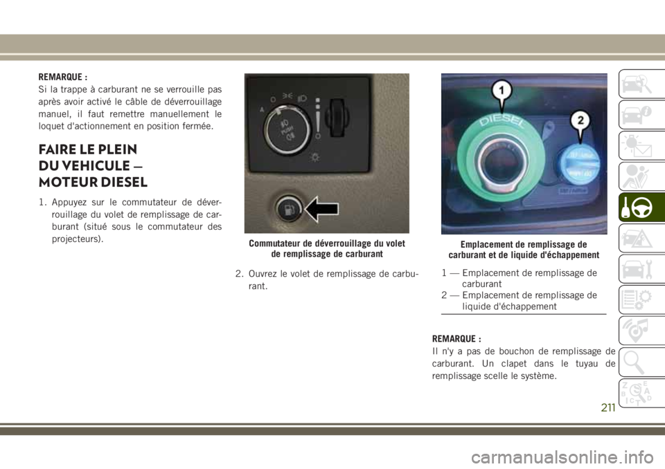 JEEP GRAND CHEROKEE 2018  Notice dentretien (in French) REMARQUE :
Si la trappe à carburant ne se verrouille pas
après avoir activé le câble de déverrouillage
manuel, il faut remettre manuellement le
loquet d'actionnement en position fermée.
FAIR
