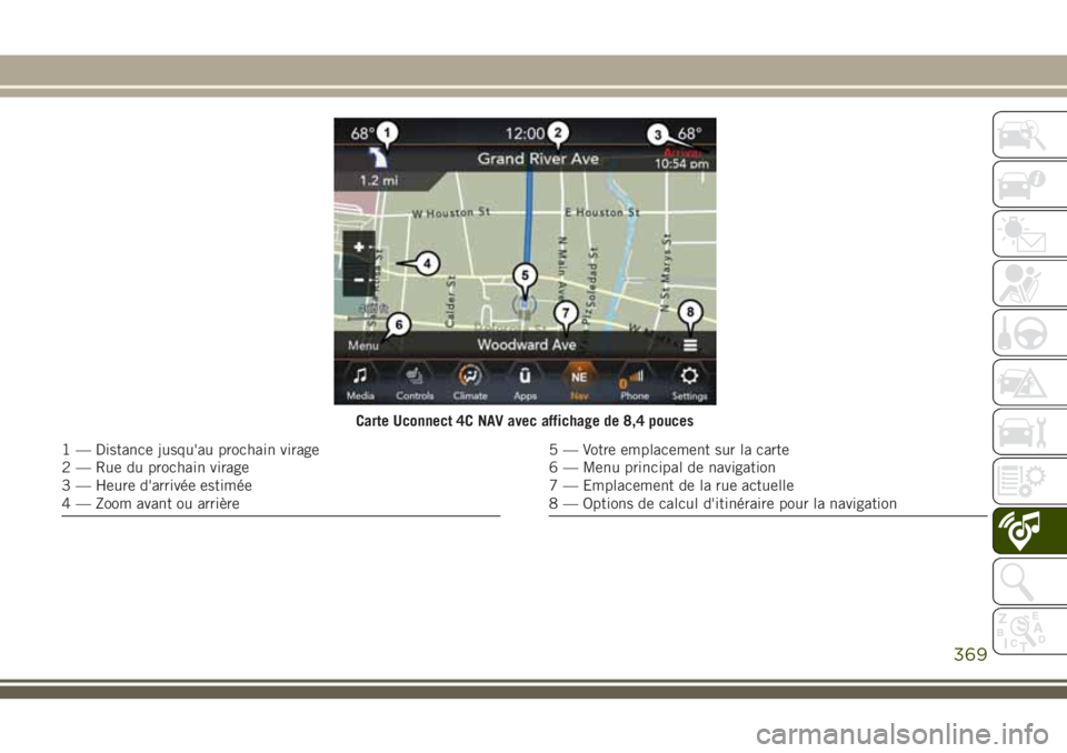 JEEP GRAND CHEROKEE 2018  Notice dentretien (in French) Carte Uconnect 4C NAV avec affichage de 8,4 pouces
1 — Distance jusqu'au prochain virage
2 — Rue du prochain virage
3 — Heure d'arrivée estimée
4 — Zoom avant ou arrière5 — Votre 