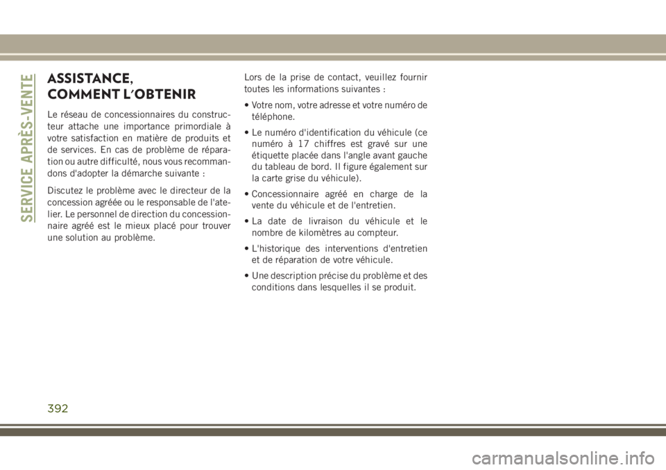 JEEP GRAND CHEROKEE 2018 Notice dentretien (in French) ASSISTANCE,
COMMENT L'OBTENIR
Le réseau de concessionnaires du construc-
teur attache une importance primordiale à
votre satisfaction en matière de produits et
de services. En cas de problème JEEP GRAND CHEROKEE 2018 Notice dentretien (in French) ASSISTANCE,
COMMENT L'OBTENIR
Le réseau de concessionnaires du construc-
teur attache une importance primordiale à
votre satisfaction en matière de produits et
de services. En cas de problème