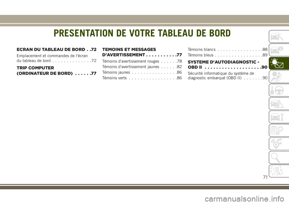 JEEP GRAND CHEROKEE 2018  Notice dentretien (in French) PRESENTATION DE VOTRE TABLEAU DE BORD
ECRAN DU TABLEAU DE BORD . .72
Emplacement et commandes de l'écran
du tableau de bord..............72
TRIP COMPUTER
(ORDINATEUR DE BORD)......77TEMOINS ET ME