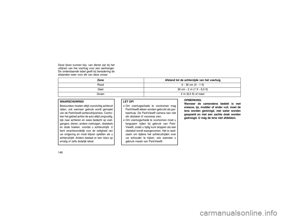 JEEP GRAND CHEROKEE 2015  Instructieboek (in Dutch) Deze lijnen kunnen bijv. van dienst zijn bij het
uitlijnen van het voertuig voor een aanhanger.
De onderstaande tabel geeft bij benadering de
afstanden weer voor elk van deze zones:
ZoneAfstand tot de