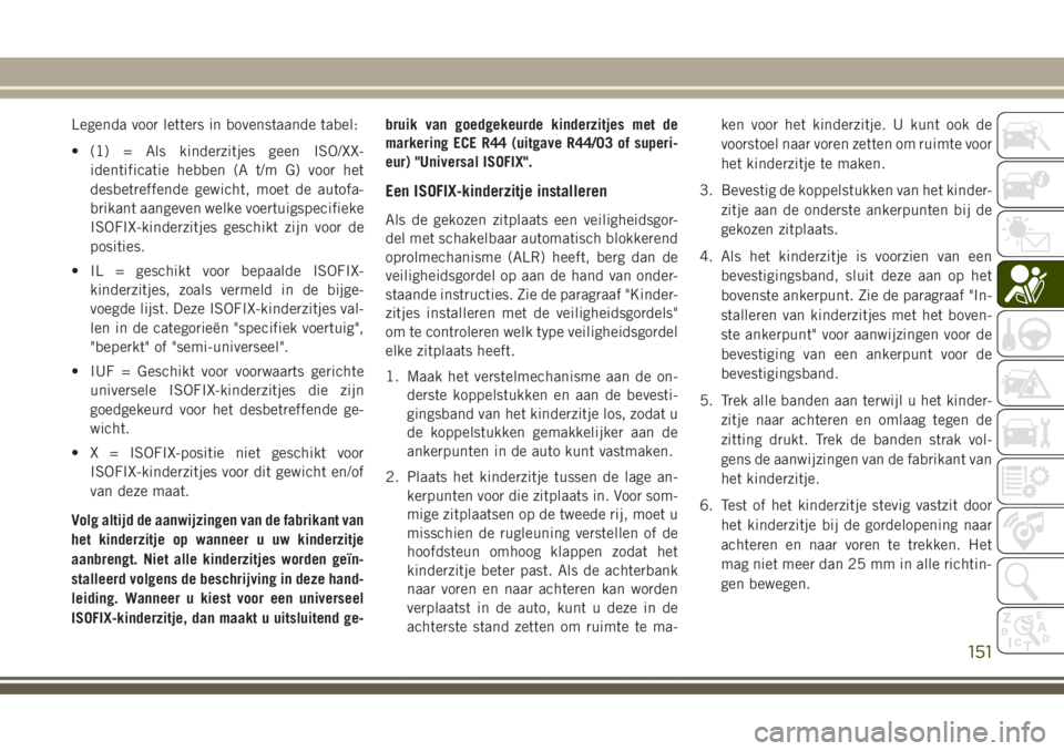 JEEP GRAND CHEROKEE 2017  Instructieboek (in Dutch) Legenda voor letters in bovenstaande tabel:
• (1) = Als kinderzitjes geen ISO/XX-
identificatie hebben (A t/m G) voor het
desbetreffende gewicht, moet de autofa-
brikant aangeven welke voertuigspeci