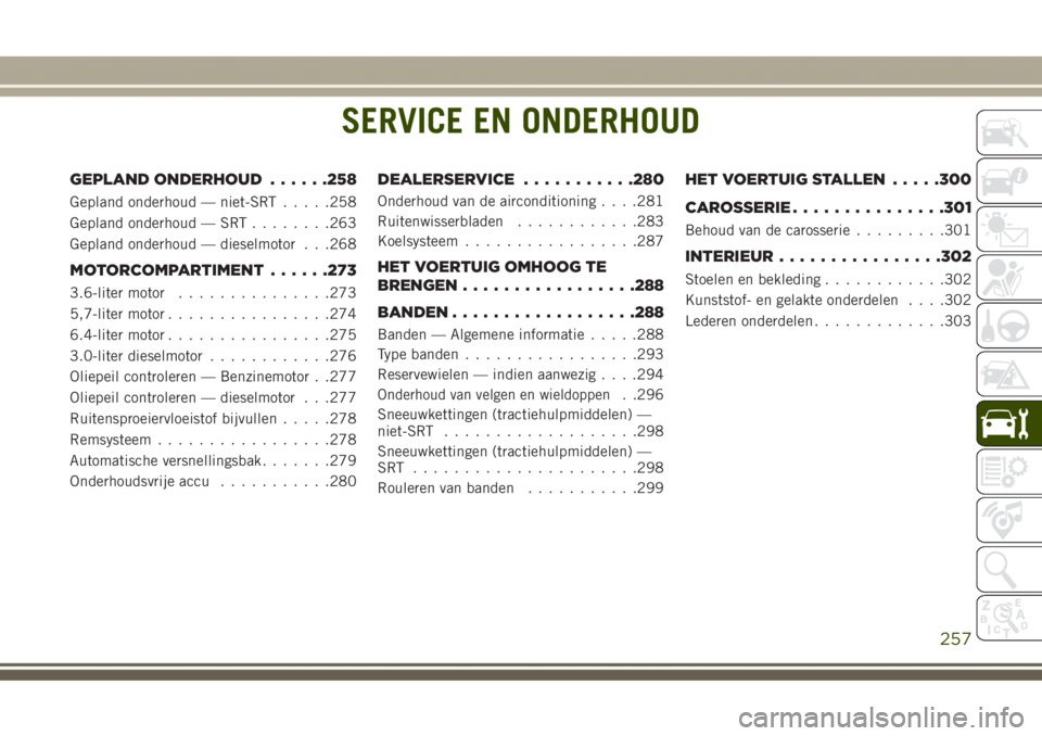 JEEP GRAND CHEROKEE 2017  Instructieboek (in Dutch) SERVICE EN ONDERHOUD
GEPLAND ONDERHOUD......258
Gepland onderhoud — niet-SRT.....258
Gepland onderhoud — SRT........263
Gepland onderhoud — dieselmotor . . .268
MOTORCOMPARTIMENT......273
3.6-li
