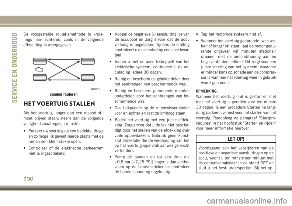 JEEP GRAND CHEROKEE 2017  Instructieboek (in Dutch) De voorgestelde roulatiemethode is kruis-
lings naar achteren, zoals in de volgende
afbeelding is weergegeven.
HET VOERTUIG STALLEN
Als het voertuig langer dan een maand stil
moet blijven staan, neem 