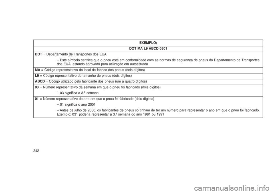 JEEP GRAND CHEROKEE 2016  Manual de Uso e Manutenção (in Portuguese) EXEMPLO:
DOT MA L9 ABCD 0301
DOT= Departamento de Transportes dos EUA
– Este símbolo certifica que o pneu está em conformidade com as normas de segurança de pneus do Departamento de Transportes
d