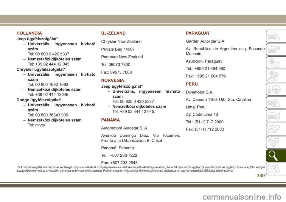JEEP GRAND CHEROKEE 2018 Kezelési és karbantartási útmutató (in Hungarian) HOLLANDIA
Jeep ügyfélszolgálat*
–Univerzális, ingyenesen hívható
szám
Tel: 00 800 0 426 5337
–Nemzetközi díjköteles szám
Tel: +39 02 444 12 045
Chrysler ügyfélszolgálat*
–Univerzá JEEP GRAND CHEROKEE 2018 Kezelési és karbantartási útmutató (in Hungarian) HOLLANDIA
Jeep ügyfélszolgálat*
–Univerzális, ingyenesen hívható
szám
Tel: 00 800 0 426 5337
–Nemzetközi díjköteles szám
Tel: +39 02 444 12 045
Chrysler ügyfélszolgálat*
–Univerzá