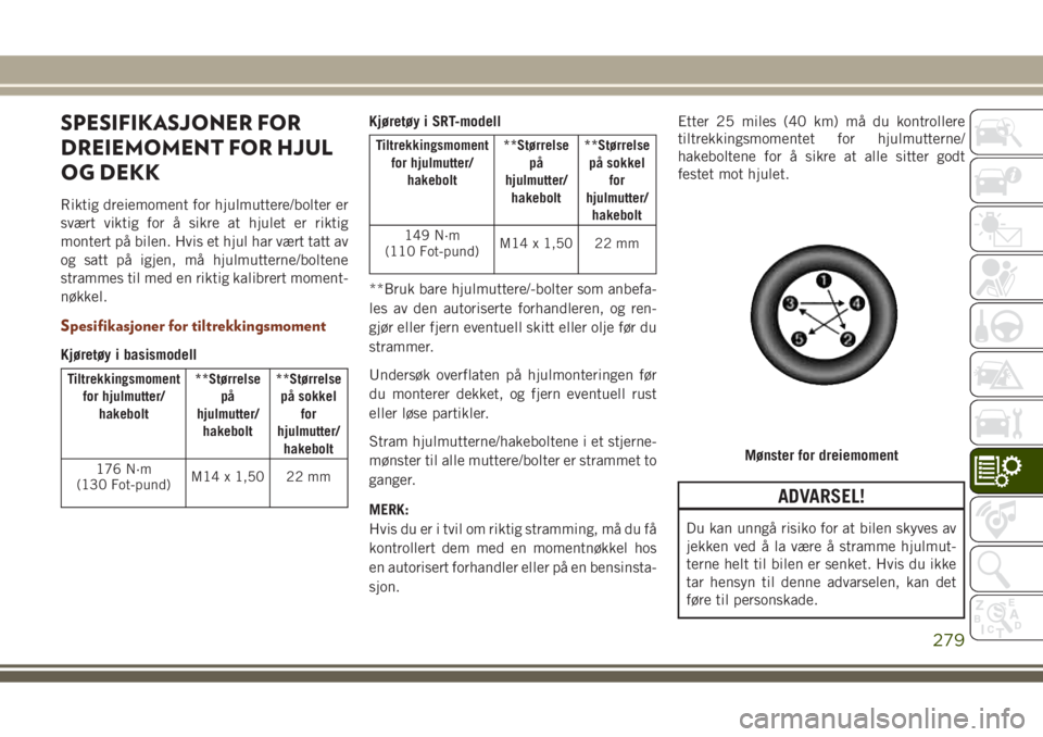 JEEP GRAND CHEROKEE 2017  Drift- og vedlikeholdshåndbok (in Norwegian) SPESIFIKASJONER FOR
DREIEMOMENT FOR HJUL
OG DEKK
Riktig dreiemoment for hjulmuttere/bolter er
svært viktig for å sikre at hjulet er riktig
montert på bilen. Hvis et hjul har vært tatt av
og satt p