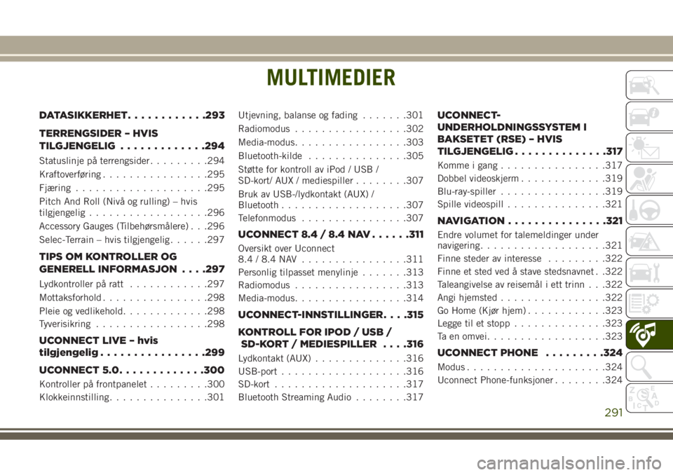 JEEP GRAND CHEROKEE 2017  Drift- og vedlikeholdshåndbok (in Norwegian) MULTIMEDIER
DATASIKKERHET............293
TERRENGSIDER – HVIS
TILGJENGELIG.............294
Statuslinje på terrengsider.........294
Kraftoverføring................295
Fjæring....................295