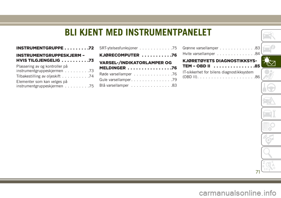 JEEP GRAND CHEROKEE 2017  Drift- og vedlikeholdshåndbok (in Norwegian) BLI KJENT MED INSTRUMENTPANELET
INSTRUMENTGRUPPE.........72
INSTRUMENTGRUPPESKJERM –
HVIS TILGJENGELIG..........73
Plassering av og kontroller på
instrumentgruppeskjermen.........73
Tilbakestilling