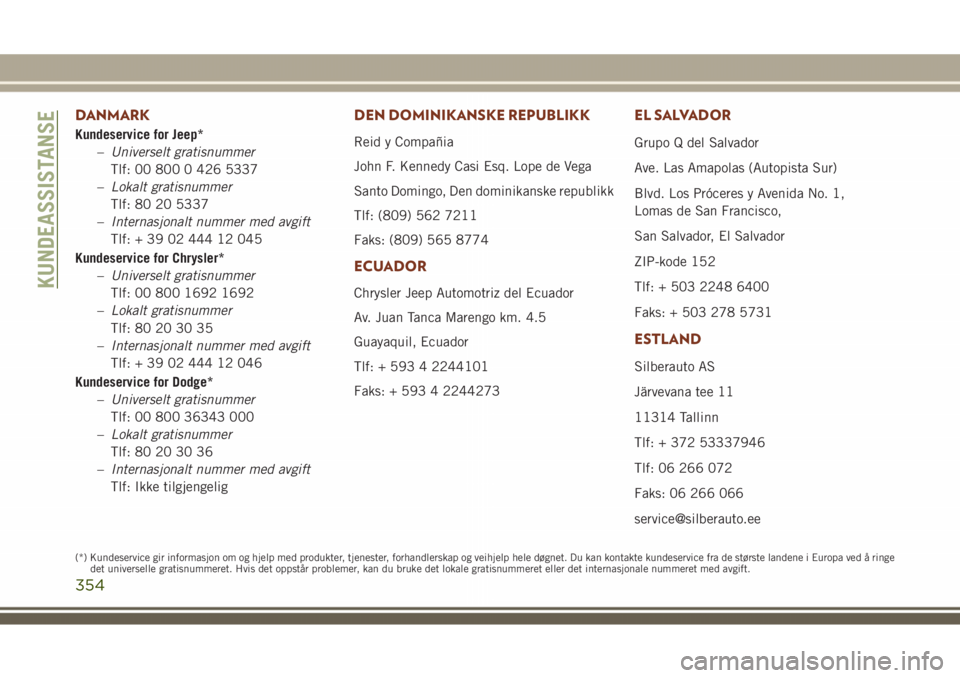 JEEP GRAND CHEROKEE 2018  Drift- og vedlikeholdshåndbok (in Norwegian) DANMARK
Kundeservice for Jeep*
–Universelt gratisnummer
Tlf: 00 800 0 426 5337
–Lokalt gratisnummer
Tlf: 80 20 5337
–Internasjonalt nummer med avgift
Tlf: + 39 02 444 12 045
Kundeservice for Chr