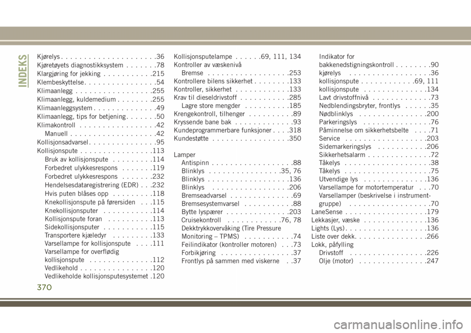 JEEP GRAND CHEROKEE 2018 Drift- og vedlikeholdshåndbok (in Norwegian) Kjørelys.....................36
Kjøretøyets diagnostikksystem.......78
Klargjøring for jekking...........215
Klembeskyttelse................54
Klimaanlegg.................255
Klimaanlegg, kuldemed JEEP GRAND CHEROKEE 2018 Drift- og vedlikeholdshåndbok (in Norwegian) Kjørelys.....................36
Kjøretøyets diagnostikksystem.......78
Klargjøring for jekking...........215
Klembeskyttelse................54
Klimaanlegg.................255
Klimaanlegg, kuldemed
