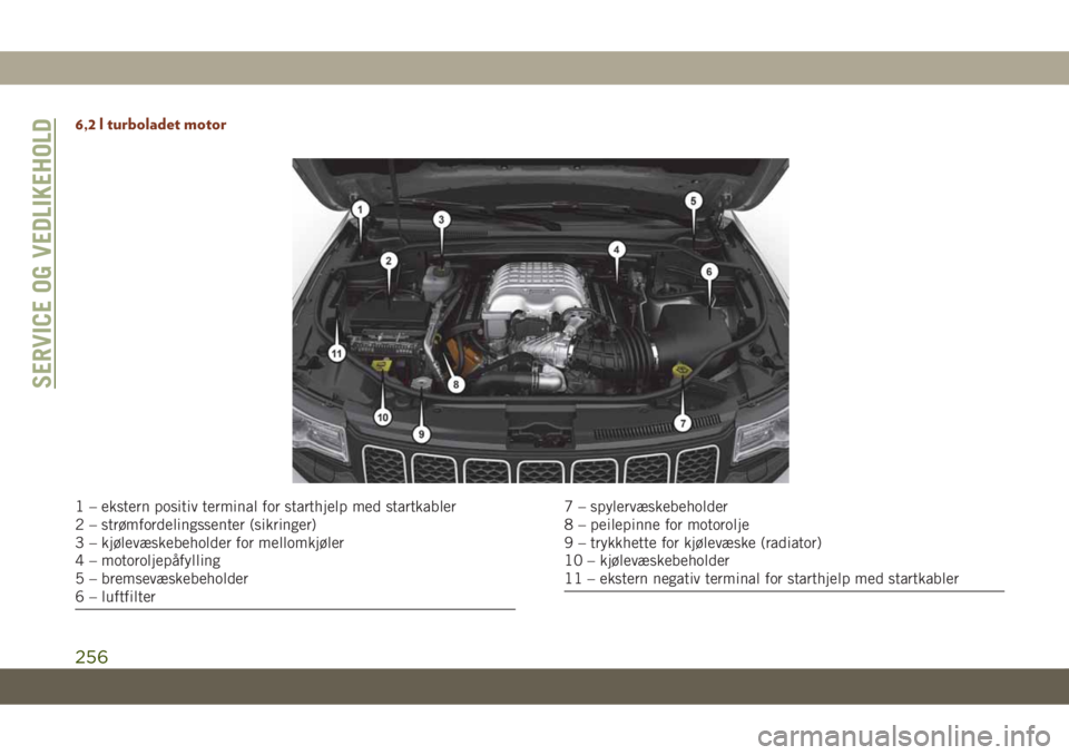 JEEP GRAND CHEROKEE 2021  Drift- og vedlikeholdshåndbok (in Norwegian) 6,2 l turboladet motor
1 – ekstern positiv terminal for starthjelp med startkabler
2 – strømfordelingssenter (sikringer)
3 – kjølevæskebeholder for mellomkjøler
4 – motoroljepåfylling
5 