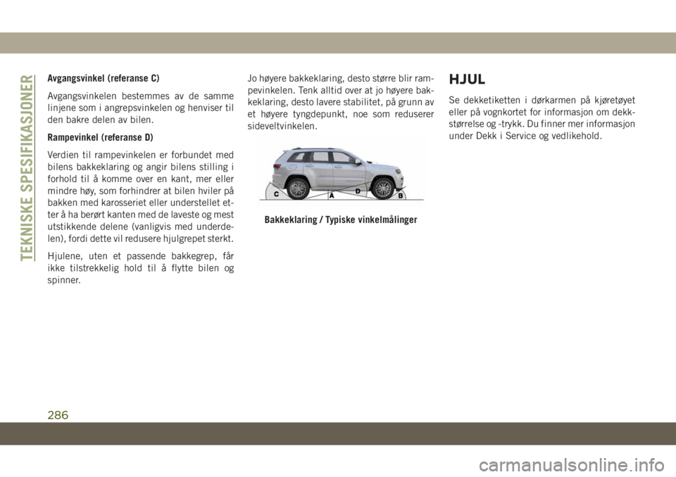 JEEP GRAND CHEROKEE 2021 Drift- og vedlikeholdshåndbok (in Norwegian) Avgangsvinkel (referanse C)
Avgangsvinkelen bestemmes av de samme
linjene som i angrepsvinkelen og henviser til
den bakre delen av bilen.
Rampevinkel (referanse D)
Verdien til rampevinkelen er forbund JEEP GRAND CHEROKEE 2021 Drift- og vedlikeholdshåndbok (in Norwegian) Avgangsvinkel (referanse C)
Avgangsvinkelen bestemmes av de samme
linjene som i angrepsvinkelen og henviser til
den bakre delen av bilen.
Rampevinkel (referanse D)
Verdien til rampevinkelen er forbund