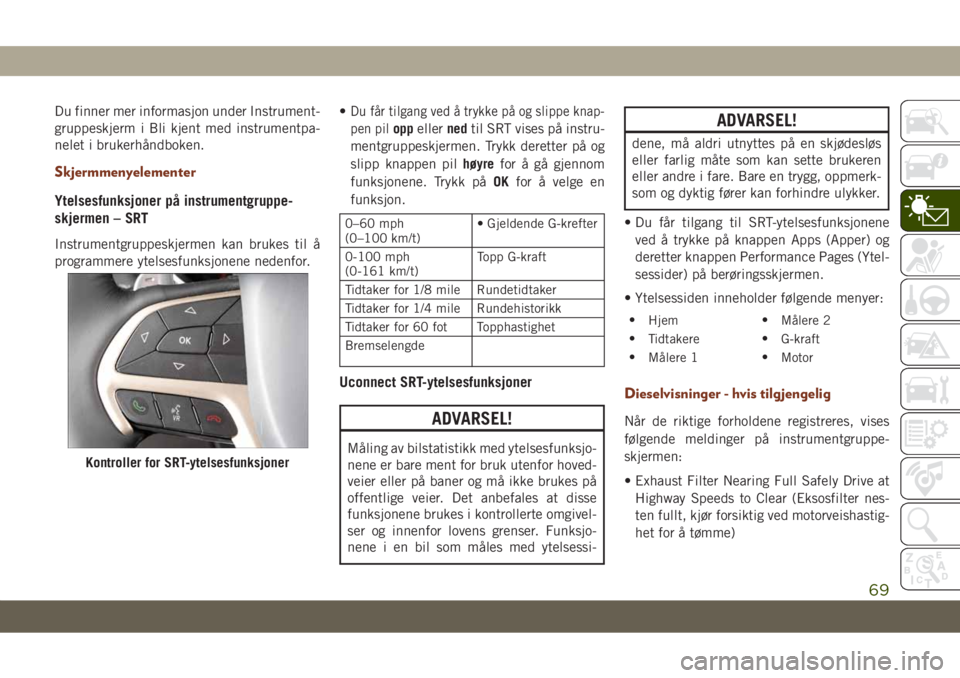 JEEP GRAND CHEROKEE 2021 Drift- og vedlikeholdshåndbok (in Norwegian) Du finner mer informasjon under Instrument-
gruppeskjerm i Bli kjent med instrumentpa-
nelet i brukerhåndboken.
Skjermmenyelementer
Ytelsesfunksjoner på instrumentgruppe-
skjermen– SRT
Instrumentg JEEP GRAND CHEROKEE 2021 Drift- og vedlikeholdshåndbok (in Norwegian) Du finner mer informasjon under Instrument-
gruppeskjerm i Bli kjent med instrumentpa-
nelet i brukerhåndboken.
Skjermmenyelementer
Ytelsesfunksjoner på instrumentgruppe-
skjermen– SRT
Instrumentg