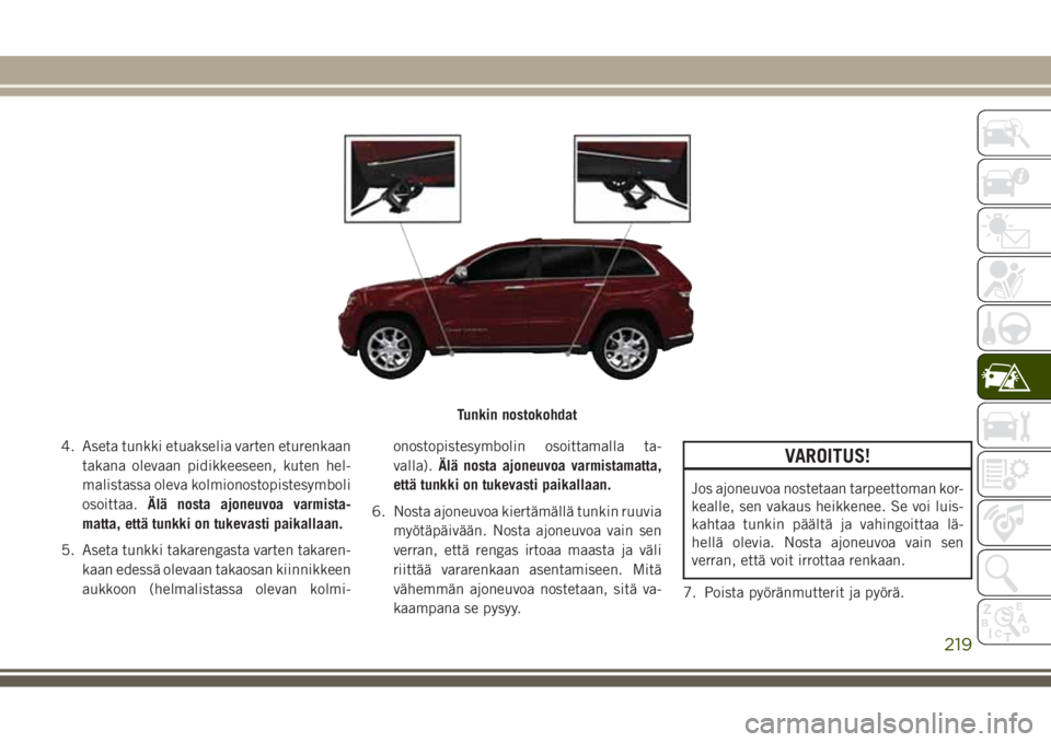JEEP GRAND CHEROKEE 2017  Käyttö- ja huolto-ohjekirja (in in Finnish) 4. Aseta tunkki etuakselia varten eturenkaan
takana olevaan pidikkeeseen, kuten hel-
malistassa oleva kolmionostopistesymboli
osoittaa.Älä nosta ajoneuvoa varmista-
matta, että tunkki on tukevasti 