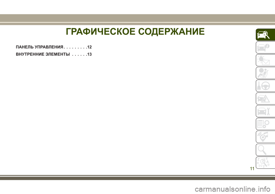 JEEP GRAND CHEROKEE 2018  Руководство по эксплуатации и техобслуживанию (in Russian) ГРАФИЧЕСКОЕ СОДЕРЖАНИЕ
ПАНЕЛЬ УПРАВЛЕНИЯ.........12
ВНУТРЕННИЕ ЭЛЕМЕНТЫ......13
ГРАФИЧЕСКОЕ СОДЕРЖАНИЕ
11 
