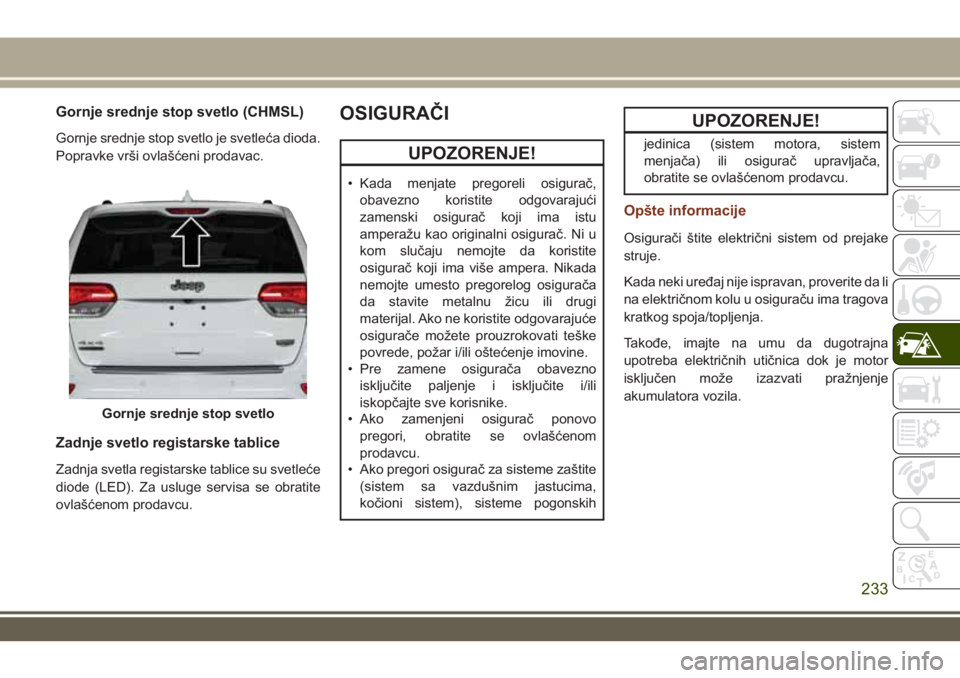 JEEP GRAND CHEROKEE 2017 Knjižica za upotrebu i održavanje (in Serbian) Gornje srednje stop svetlo (CHMSL)
Gornje srednje stop svetlo je svetleća dioda.
Popravke vrši ovlašćeni prodavac.
Zadnje svetlo registarske tablice
Zadnja svetla registarske tablice su svetleće
JEEP GRAND CHEROKEE 2017 Knjižica za upotrebu i održavanje (in Serbian) Gornje srednje stop svetlo (CHMSL)
Gornje srednje stop svetlo je svetleća dioda.
Popravke vrši ovlašćeni prodavac.
Zadnje svetlo registarske tablice
Zadnja svetla registarske tablice su svetleće