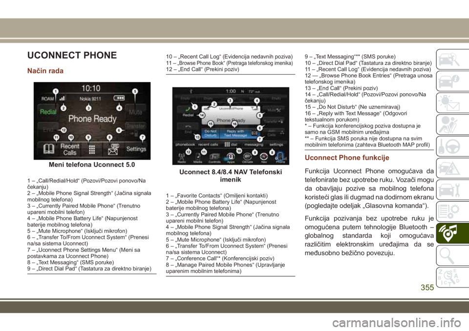 JEEP GRAND CHEROKEE 2017 Knjižica za upotrebu i održavanje (in Serbian) UCONNECT PHONE
Način rada
1 – „Call/Redial/Hold“ (Pozovi/Pozovi ponovo/Na
čekanju)
2 – „Mobile Phone Signal Strength“ (Jačina signala
mobilnog telefona)
3 – „Currently Paired Mobile JEEP GRAND CHEROKEE 2017 Knjižica za upotrebu i održavanje (in Serbian) UCONNECT PHONE
Način rada
1 – „Call/Redial/Hold“ (Pozovi/Pozovi ponovo/Na
čekanju)
2 – „Mobile Phone Signal Strength“ (Jačina signala
mobilnog telefona)
3 – „Currently Paired Mobile