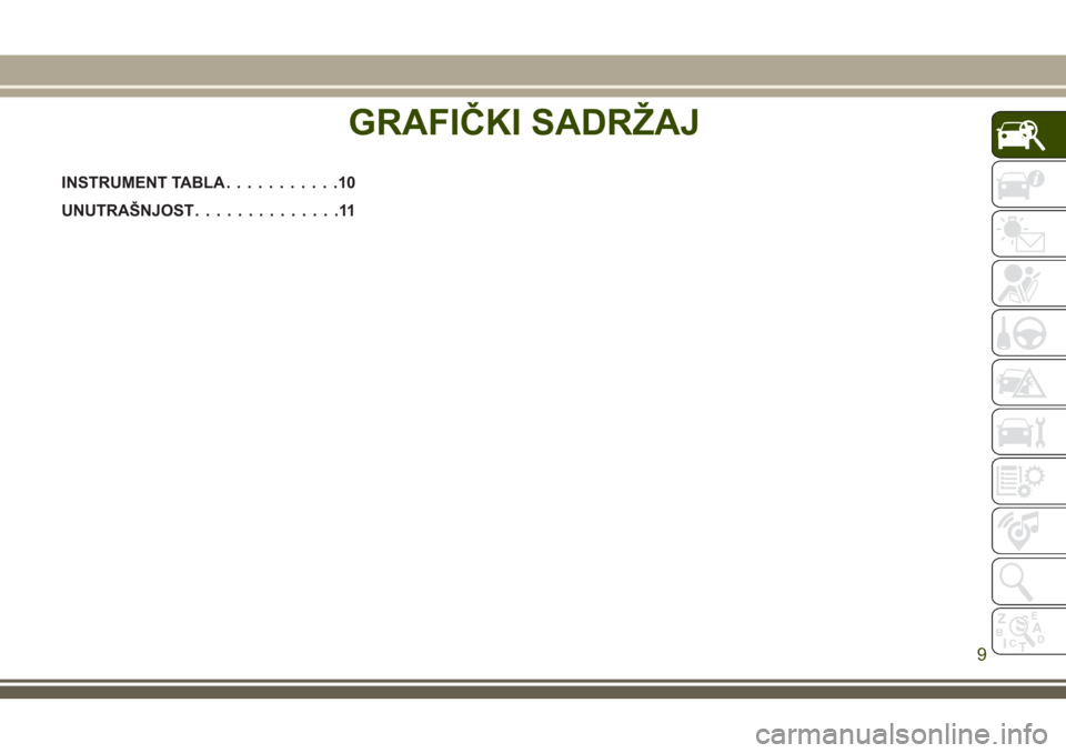 JEEP GRAND CHEROKEE 2018  Knjižica za upotrebu i održavanje (in Serbian) GRAFIČKI SADRŽAJ
INSTRUMENT TABLA...........10
UNUTRAŠNJOST..............11
GRAFIČKI SADRŽAJ
9 