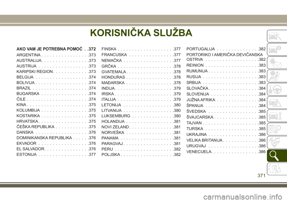 JEEP GRAND CHEROKEE 2018  Knjižica za upotrebu i održavanje (in Serbian) KORISNIČKA SLUŽBA
AKO VAM JE POTREBNA POMOĆ. .372
ARGENTINA.................373
AUSTRALIJA.................373
AUSTRIJA..................373
KARIPSKI REGION.............373
BELGIJA.................