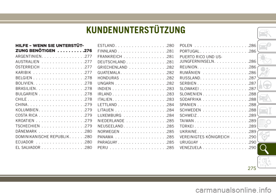 JEEP WRANGLER 2020  Betriebsanleitung (in German) KUNDENUNTERSTÜTZUNG
HILFE – WENN SIE UNTERSTÜT-
ZUNG BENÖTIGEN..........276
ARGENTINIEN................277
AUSTRALIEN................277
ÖSTERREICH................277
KARIBIK...................2