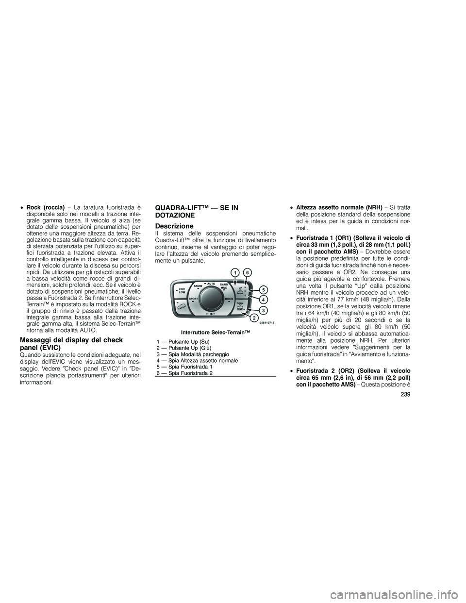 JEEP GRAND CHEROKEE 2010  Libretto Uso Manutenzione (in Italian) 
•Rock (roccia) – La taratura fuoristrada è
disponibile solo nei modelli a trazione inte-
grale gamma bassa. Il veicolo si alza (se
dotato delle sospensioni pneumatiche) per
ottenere una maggiore