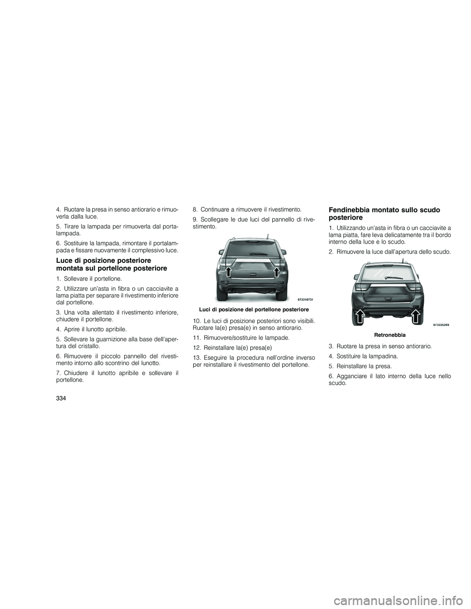 JEEP GRAND CHEROKEE 2010 Libretto Uso Manutenzione (in Italian)
4. Ruotare la presa in senso antiorario e rimuo-
verla dalla luce.
5. Tirare la lampada per rimuoverla dal porta-
lampada.
6. Sostituire la lampada, rimontare il portalam-
pada e fissare nuovamente i JEEP GRAND CHEROKEE 2010 Libretto Uso Manutenzione (in Italian)
4. Ruotare la presa in senso antiorario e rimuo-
verla dalla luce.
5. Tirare la lampada per rimuoverla dal porta-
lampada.
6. Sostituire la lampada, rimontare il portalam-
pada e fissare nuovamente i