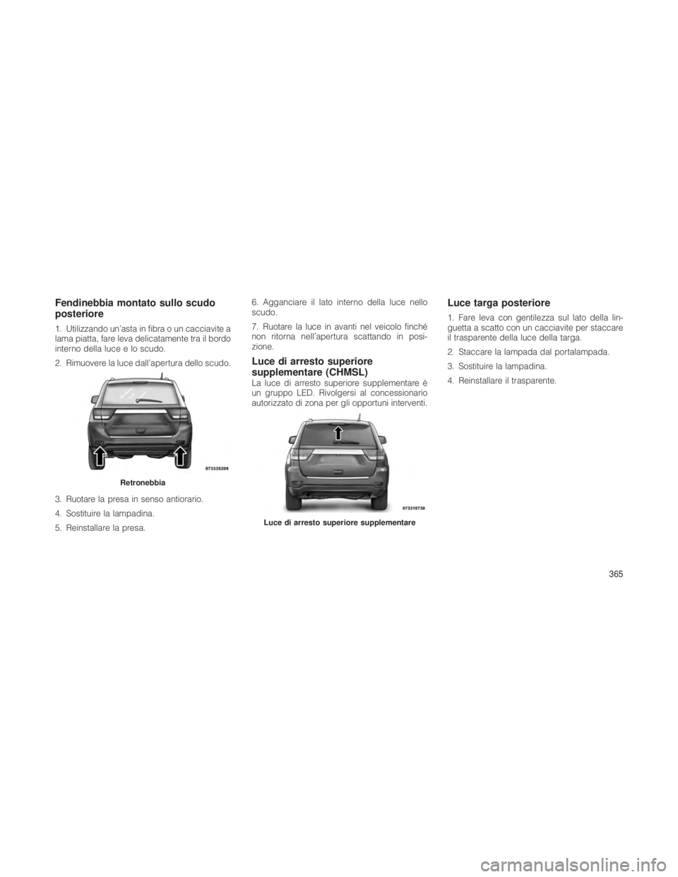 JEEP GRAND CHEROKEE 2012  Libretto Uso Manutenzione (in Italian) Fendinebbia montato sullo scudo
posteriore
1. Utilizzando un’asta in fibra o un cacciavite a
lama piatta, fare leva delicatamente tra il bordo
interno della luce e lo scudo.
2. Rimuovere la luce dal