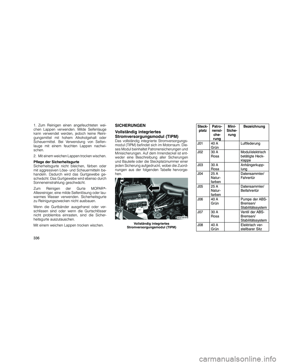 JEEP GRAND CHEROKEE 2010 Betriebsanleitung (in German)
1. Zum Reinigen einen angefeuchteten wei-
chen Lappen verwenden. Milde Seifenlauge
kann verwendet werden, jedoch keine Reini-
gungsmittel mit hohem Alkoholgehalt oder
Scheuermittel. Bei Verwendung vo JEEP GRAND CHEROKEE 2010 Betriebsanleitung (in German)
1. Zum Reinigen einen angefeuchteten wei-
chen Lappen verwenden. Milde Seifenlauge
kann verwendet werden, jedoch keine Reini-
gungsmittel mit hohem Alkoholgehalt oder
Scheuermittel. Bei Verwendung vo