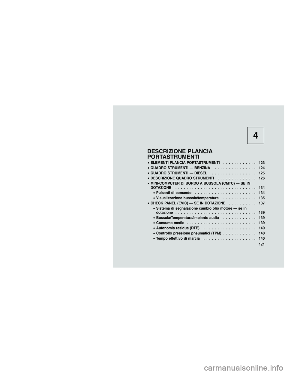 JEEP PATRIOT 2018  Libretto Uso Manutenzione (in Italian) 4
DESCRIZIONE PLANCIA
PORTASTRUMENTI
•ELEMENTI PLANCIA PORTASTRUMENTI............ 123
•QUADRO STRUMENTI — BENZINA............... 124
•QUADRO STRUMENTI — DIESEL................ 125
•DESCRIZ