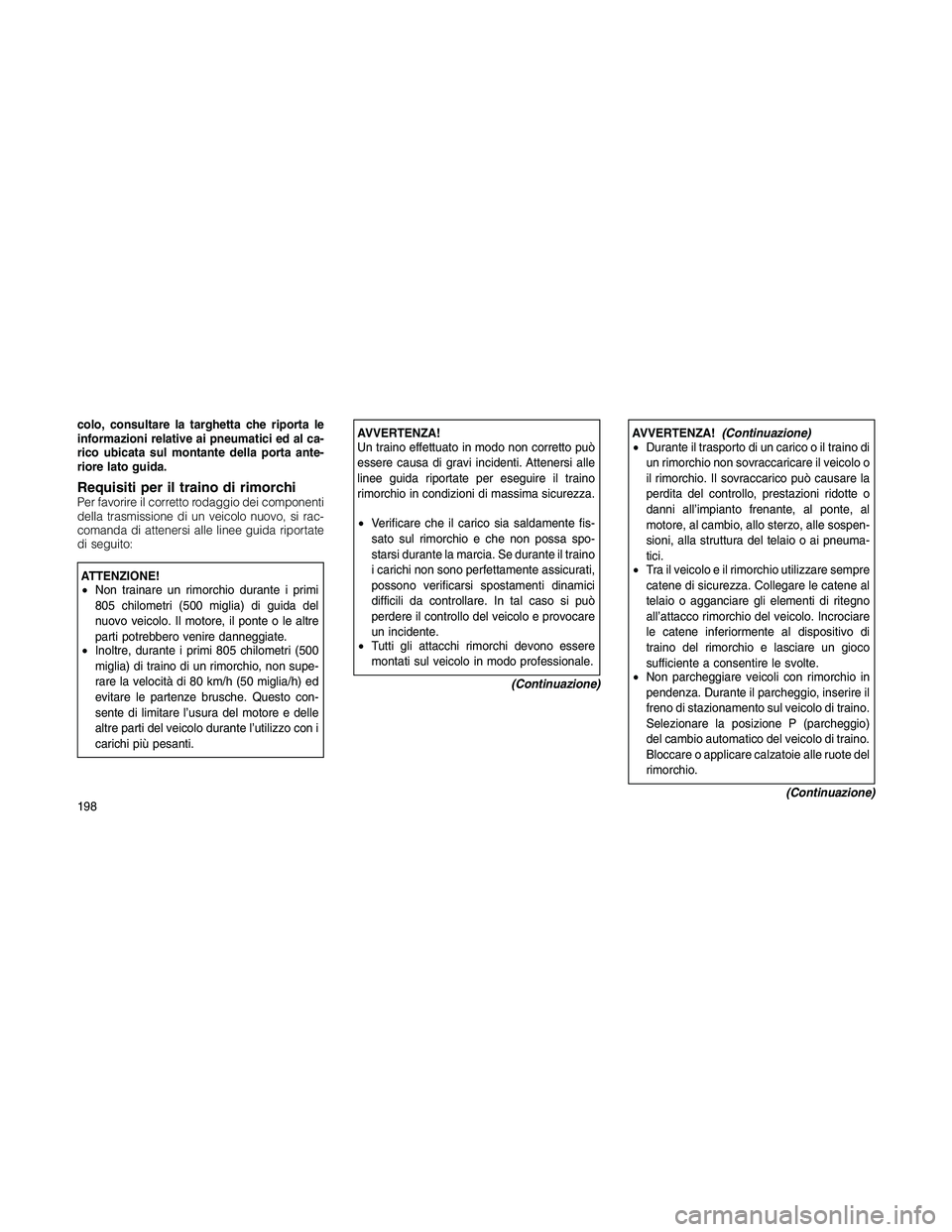 JEEP PATRIOT 2018 Libretto Uso Manutenzione (in Italian) colo, consultare la targhetta che riporta le
informazioni relative ai pneumatici ed al ca-
rico ubicata sul montante della porta ante-
riore lato guida.
Requisiti per il traino di rimorchiPer favorire JEEP PATRIOT 2018 Libretto Uso Manutenzione (in Italian) colo, consultare la targhetta che riporta le
informazioni relative ai pneumatici ed al ca-
rico ubicata sul montante della porta ante-
riore lato guida.
Requisiti per il traino di rimorchiPer favorire