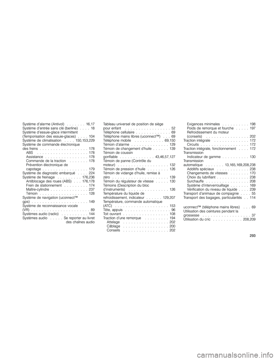 JEEP PATRIOT 2018  Libretto Uso Manutenzione (in Italian) Système d’alarme (Antivol).......16,17
Système d’entrée sans clé (berline)....18
Système d’essuie-glace intermittent
(Temporisation des essuie-glaces)....104
Système de climatisation....15