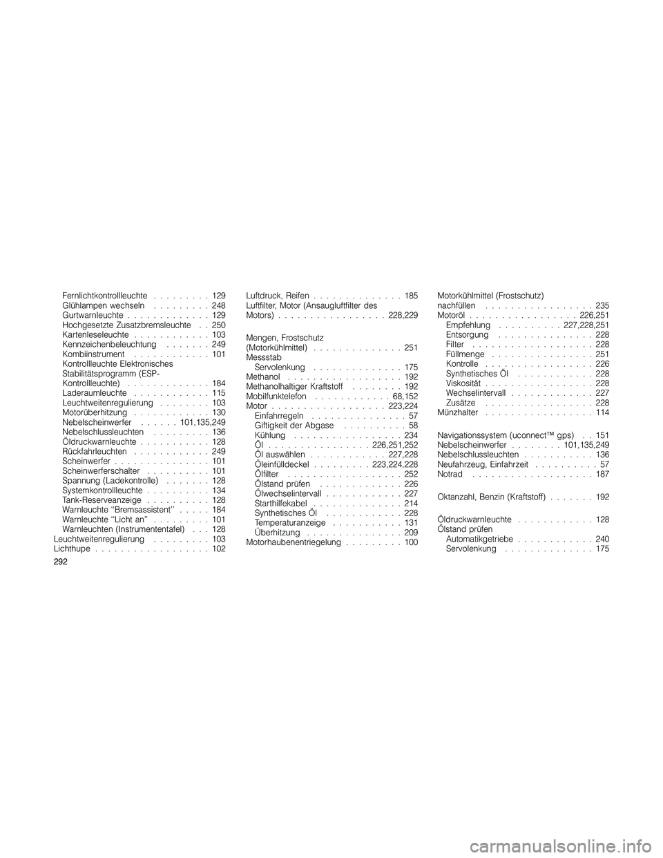 JEEP PATRIOT 2018 Betriebsanleitung (in German) Fernlichtkontrollleuchte.........129
Glühlampen wechseln.........248
Gurtwarnleuchte.............129
Hochgesetzte Zusatzbremsleuchte . . 250
Kartenleseleuchte............103
Kennzeichenbeleuchtung... JEEP PATRIOT 2018 Betriebsanleitung (in German) Fernlichtkontrollleuchte.........129
Glühlampen wechseln.........248
Gurtwarnleuchte.............129
Hochgesetzte Zusatzbremsleuchte . . 250
Kartenleseleuchte............103
Kennzeichenbeleuchtung...