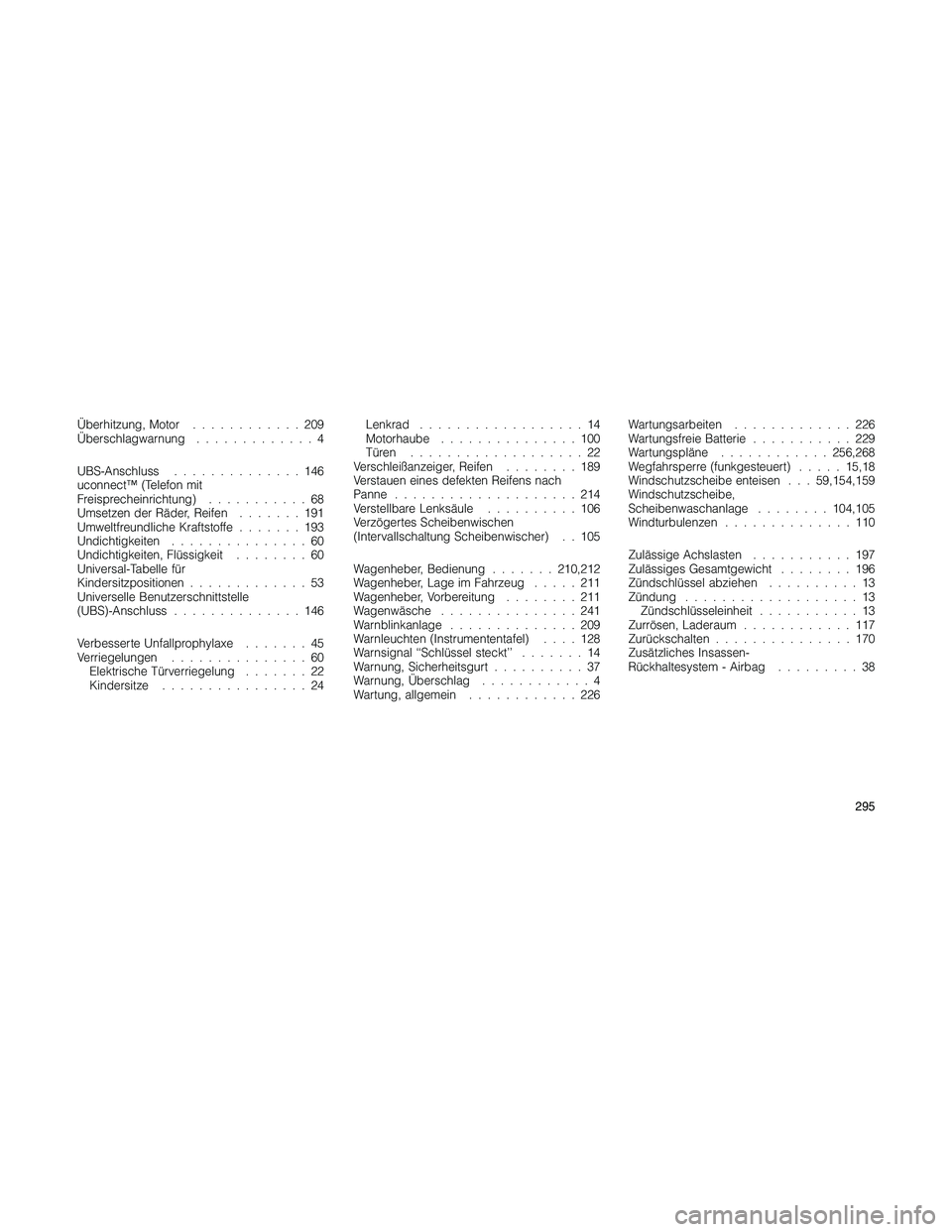 JEEP PATRIOT 2018 Betriebsanleitung (in German) Überhitzung, Motor............209
Überschlagwarnung.............4
UBS-Anschluss..............146
uconnect™ (Telefon mit
Freisprecheinrichtung)...........68
Umsetzen der Räder, Reifen.......191
Um JEEP PATRIOT 2018 Betriebsanleitung (in German) Überhitzung, Motor............209
Überschlagwarnung.............4
UBS-Anschluss..............146
uconnect™ (Telefon mit
Freisprecheinrichtung)...........68
Umsetzen der Räder, Reifen.......191
Um