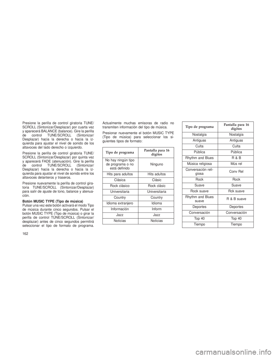 JEEP PATRIOT 2018 Manual de Empleo y Cuidado (in Spanish) Presione la perilla de control giratoria TUNE/
SCROLL (Sintonizar/Desplazar) por cuarta vez
y aparecerá BALANCE (balance). Gire la perilla
de control TUNE/SCROLL (Sintonizar/
Desplazar) hacia la dere JEEP PATRIOT 2018 Manual de Empleo y Cuidado (in Spanish) Presione la perilla de control giratoria TUNE/
SCROLL (Sintonizar/Desplazar) por cuarta vez
y aparecerá BALANCE (balance). Gire la perilla
de control TUNE/SCROLL (Sintonizar/
Desplazar) hacia la dere