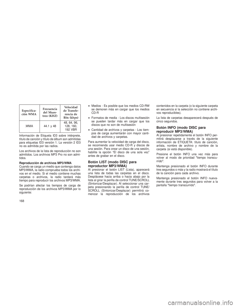 JEEP PATRIOT 2018 Manual de Empleo y Cuidado (in Spanish) Especifica-
ción WMA Frecuencia
del Mues-
treo (KHZ) Velocidad
de Transfe- rencia de
Bits (kbps)
.WMA 44.1 y 48 48, 64, 96,
128, 160,192 VBR
Información de Etiqueta ID3 sobre intérprete,
título de JEEP PATRIOT 2018 Manual de Empleo y Cuidado (in Spanish) Especifica-
ción WMA Frecuencia
del Mues-
treo (KHZ) Velocidad
de Transfe- rencia de
Bits (kbps)
.WMA 44.1 y 48 48, 64, 96,
128, 160,192 VBR
Información de Etiqueta ID3 sobre intérprete,
título de