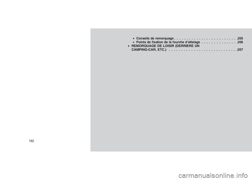 JEEP PATRIOT 2020  Notice dentretien (in French) 
•Conseils de remorquage ......................... .205
• Points de fixation de la fourche d’attelage ...............206
•REMORQUAGE DE LOISIR (DERRIERE UN
CAMPING-CAR, ETC.) . . . . . . . . .