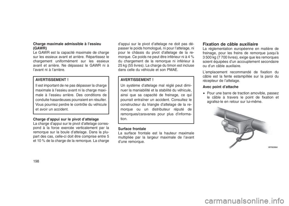 JEEP PATRIOT 2018 Notice dentretien (in French) Charge maximale admissible à l’essieu
(GAWR)
Le GAWR est la capacité maximale de charge
sur les essieux avant et arrière. Répartissez le
chargement uniformément sur les essieux
avant et arrièr JEEP PATRIOT 2018 Notice dentretien (in French) Charge maximale admissible à l’essieu
(GAWR)
Le GAWR est la capacité maximale de charge
sur les essieux avant et arrière. Répartissez le
chargement uniformément sur les essieux
avant et arrièr