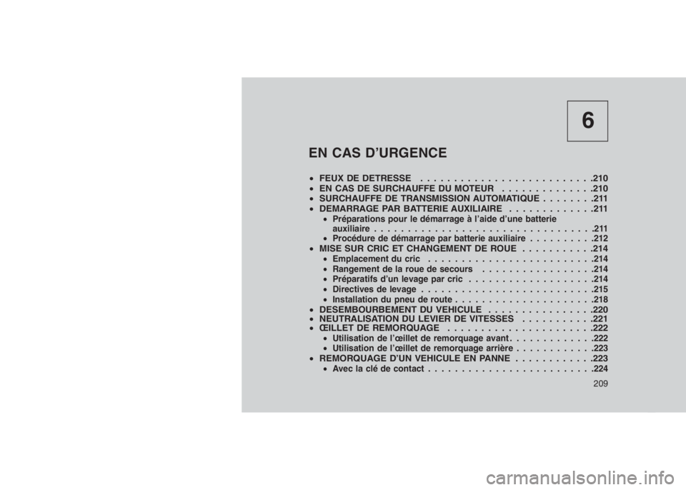 JEEP PATRIOT 2020 Notice dentretien (in French) 6
EN CAS D’URGENCE
•FEUX DE DETRESSE . . . . . . . . . . ................210
•EN CAS DE SURCHAUFFE DU MOTEUR . . . ...........210
•SURCHAUFFE DE TRANSMISSION AUTOMATIQUE . . . . . . . .211
• JEEP PATRIOT 2020 Notice dentretien (in French) 6
EN CAS D’URGENCE
•FEUX DE DETRESSE . . . . . . . . . . ................210
•EN CAS DE SURCHAUFFE DU MOTEUR . . . ...........210
•SURCHAUFFE DE TRANSMISSION AUTOMATIQUE . . . . . . . .211
•