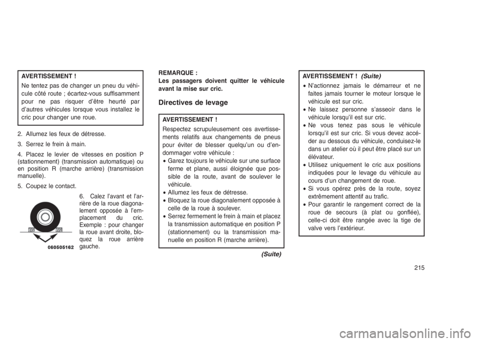 JEEP PATRIOT 2020 Notice dentretien (in French) AVERTISSEMENT !
Ne tentez pas de changer un pneu du véhi-
cule côté route ; écartez-vous suffisamment
pour ne pas risquer d’être heurté par
d’autres véhicules lorsque vous installez le
cric JEEP PATRIOT 2020 Notice dentretien (in French) AVERTISSEMENT !
Ne tentez pas de changer un pneu du véhi-
cule côté route ; écartez-vous suffisamment
pour ne pas risquer d’être heurté par
d’autres véhicules lorsque vous installez le
cric