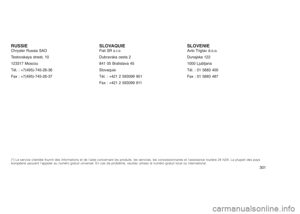 JEEP PATRIOT 2020  Notice dentretien (in French) 
RUSSIEChrysler Russia SAO
Testovskaya street, 10
123317 Moscou
Tél. : +7(495)-745-26-36
Fax : +7(495)-745-26-37SLOVAQUIEFiat SR s.r.o
Dubravska cesta 2
841 05 Bratislava 45
Slovaquie
Tél. : +421 2 