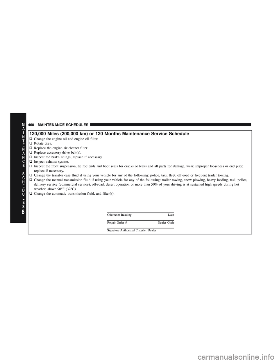 JEEP WRANGLER UNLIMITED 2009  Owners Manual 8
MA I
N T
E
N A
N CE
S
C
H E
D
U L
E
S460 MAINTENANCE SCHEDULES 