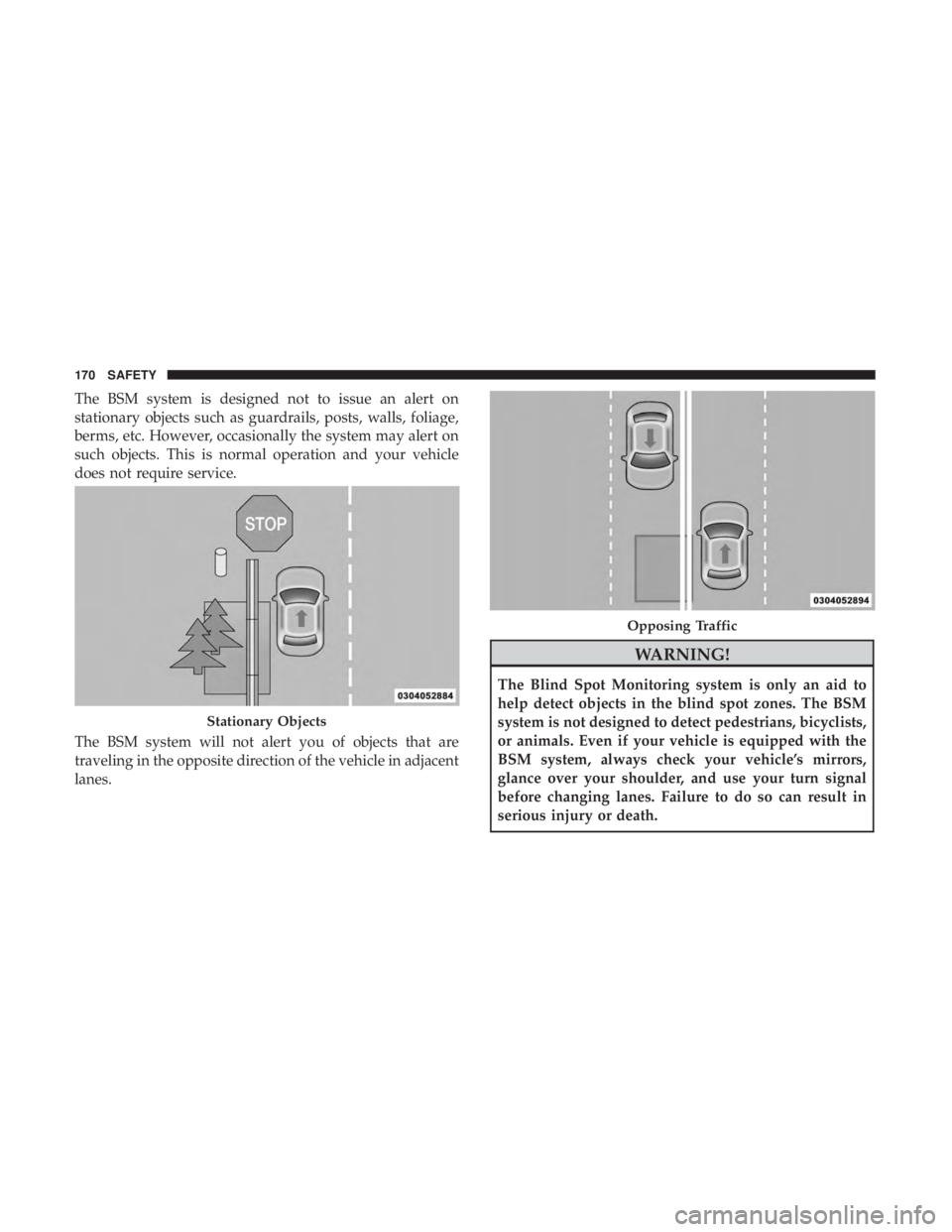 JEEP CHEROKEE LIMITED 2017  Owners Manual The BSM system is designed not to issue an alert on
stationary objects such as guardrails, posts, walls, foliage,
berms, etc. However, occasionally the system may alert on
such objects. This is normal