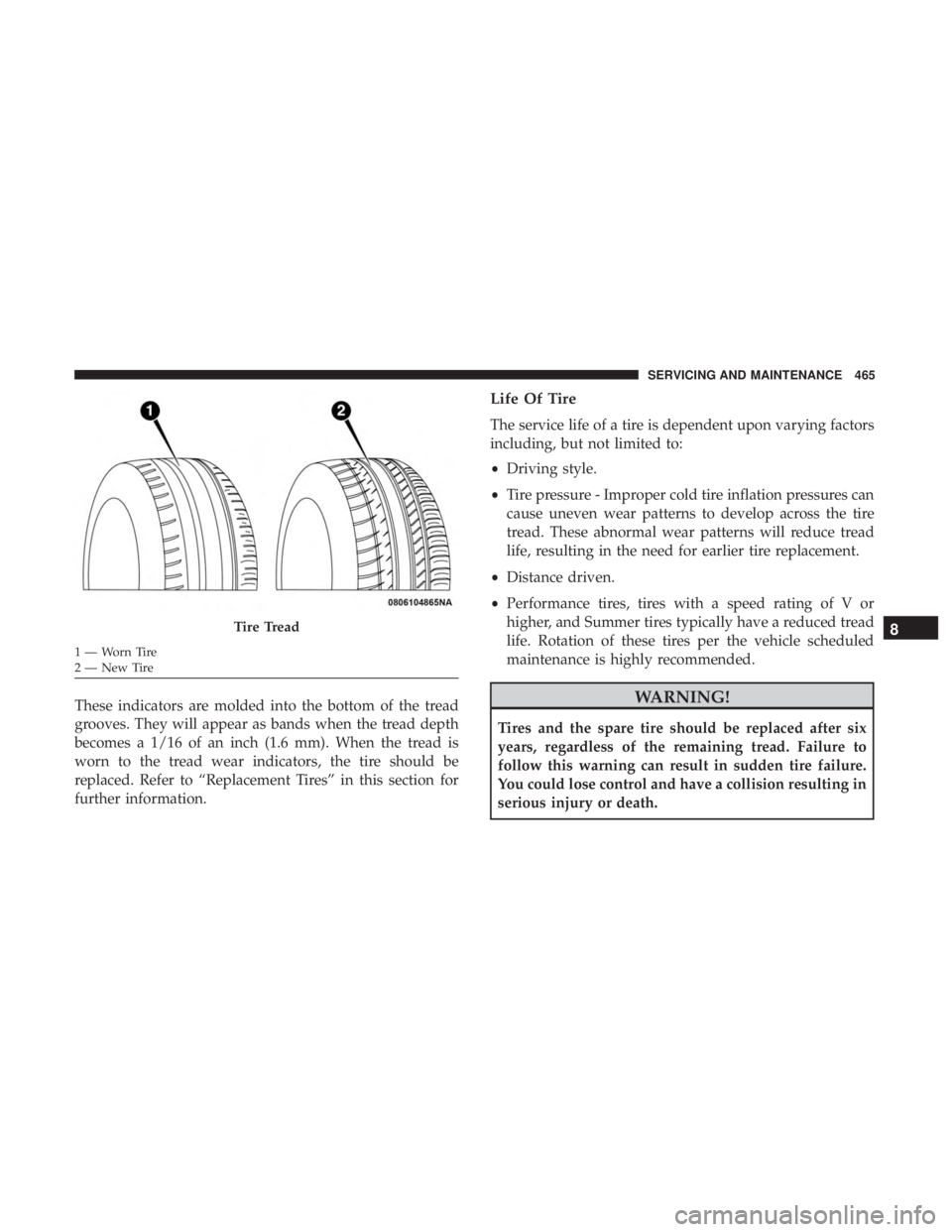 JEEP CHEROKEE LIMITED 2017  Owners Manual These indicators are molded into the bottom of the tread
grooves. They will appear as bands when the tread depth
becomes a 1/16 of an inch (1.6 mm). When the tread is
worn to the tread wear indicators